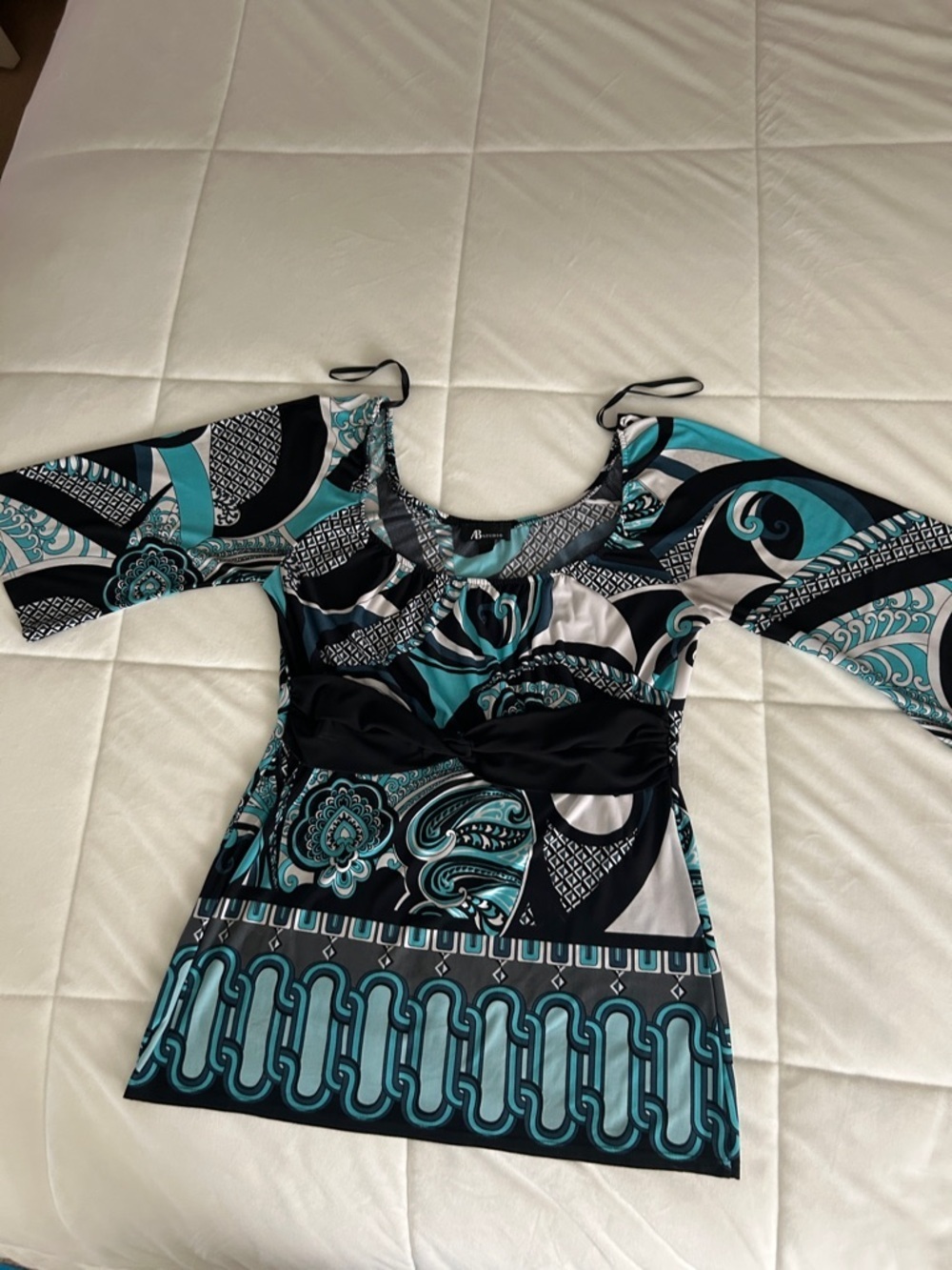 AB Studio Turquoise Black White Printed Top - Picture 2 of 12